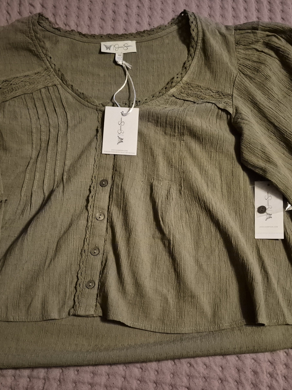 Jessica Simpson Fiesole Lace Trim Top Olive XS
